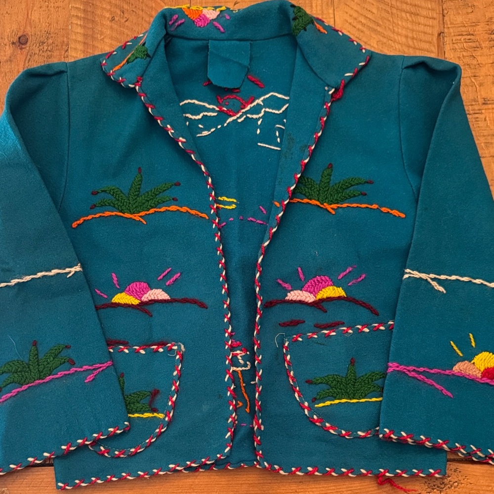 Vintage 1950s Embroidered Mexican Tourist Kids Jacket - Teal